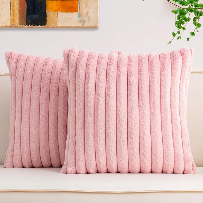 Pack of 2 Faux Fur Christmas Throw Pillow Covers 20x20 Inch, Soft Plush Striped Neutral Couch Pillow Cover, with Velvet Back Modern Home Decor for Sofa Living Room Couch Bed Pink