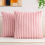 Pack of 2 Faux Fur Fall Throw Pillow Covers 24x24 Inch, Soft Plush Striped Neutral Couch Pillow Cover, with Velvet Back Modern Home Decor for Sofa Living Room Couch Bed Pink
