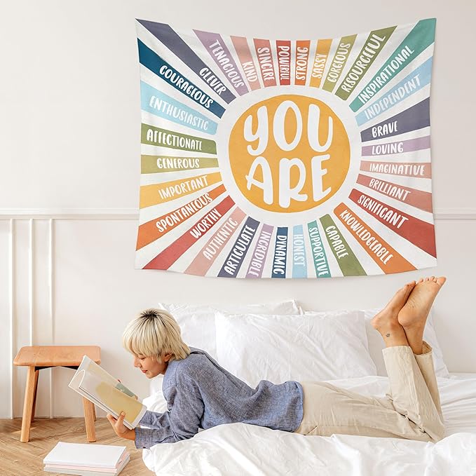 WARDOS Boho Sunshine Tapestry, You Are Inspirational Tapestry Wall Hanging, Colorful Boho Sun Positive Affirmation Wall Blanket Decor for Kids Room Nursery Playroom Classroom, 50x60 Inch