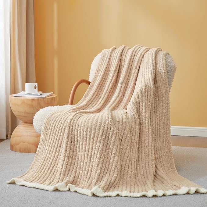 Snuggle Sac Luxury King Size Blanket for Bed, Cozy Soft Fuzzy Microfiber Knit Stripe Bedding Blankets, Beige, 108x90 inches