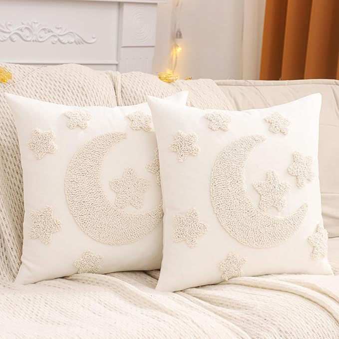 Tosleo Ramadan Pillow Covers 18x18 inch Set of 2 Beige Tufted Embroidery Throw Pillow Covers Ramadan Eid Mubarak Cushion Covers Moon and Star Decorations for Home Couch Sofa Outdoor
