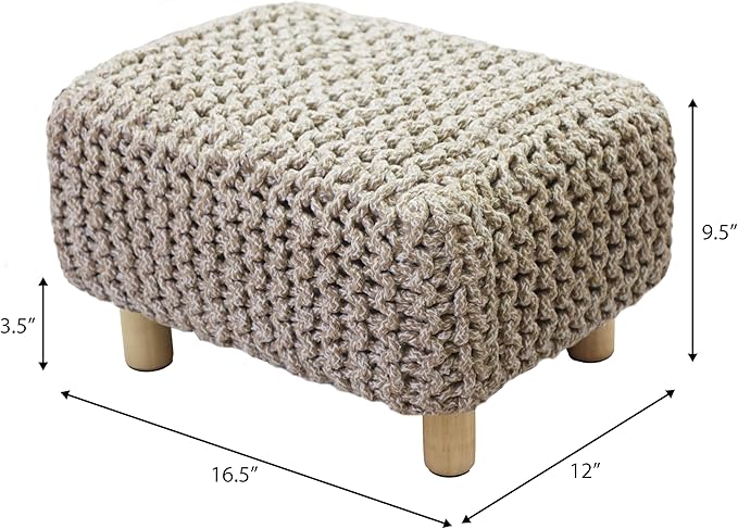 COTTON CRAFT Tweed Braided Footrest - Handknitted Dori Foot Stool with Sturdy Wood Legs – Boho Leg Rest - Small Spaces Under Desk Living Room Entryway Low Footstool Pouf -16.5x12x9.5- Ivory Natural