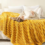 NEWCOSPLAY Super Soft Queen Blanket Mustard Yellow Premium Silky Flannel Fleece 3D Ribbed Jacquard Lightweight Bed Blanket All Season Use (Mustard Yellow Ribbed, Queen(90"x90"))