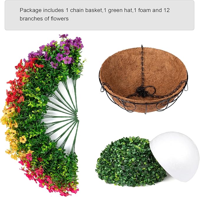 HyeFlora Artificial Faux Hanging Plants Flowers Basket for Summer Outdoor Outside Decoration, Fake Silk UV Sun Resistant Look Real Colorful Daisy Eucalyptus for Porch Home Patio Balcony Yard