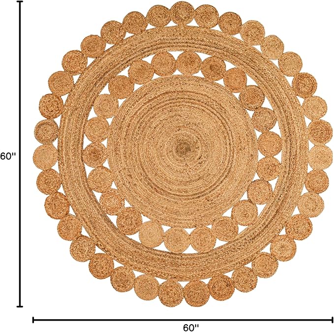 Hand Woven Braided Jute Rug - 5' Round - Reversible Farmhouse Dining Room Rug, Living Room, Bedroom, Kitchen - Natural Decorative Floor Boho Entry Area Rugs - 5ft Round Rug