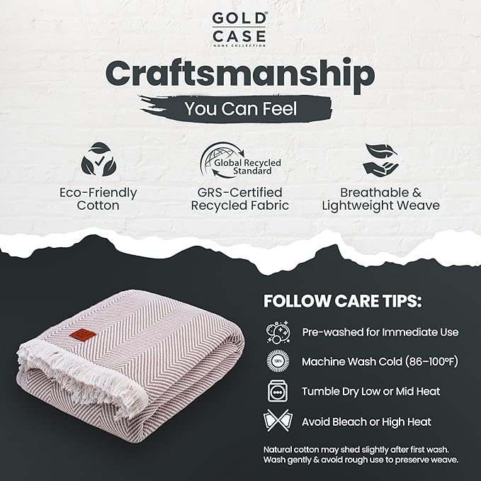 Gold Case Throw Blanket for Bed - 100% Recycled Turkish Cotton Blanket - Elegant Lightweight Soft Throw Blankets for Bed & Living Room - Twin Size Cozy Blankets - 71x90 - Beige