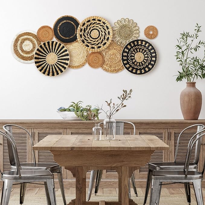 11 Pcs Boho Hanging Wall Basket Decor Handmade Woven Basket Wall Decorative Boho Wicker Baskets Placemats Round Farmhouse Bulrush Art for Rustic Home Decorations Christmas Gift(Assorted)