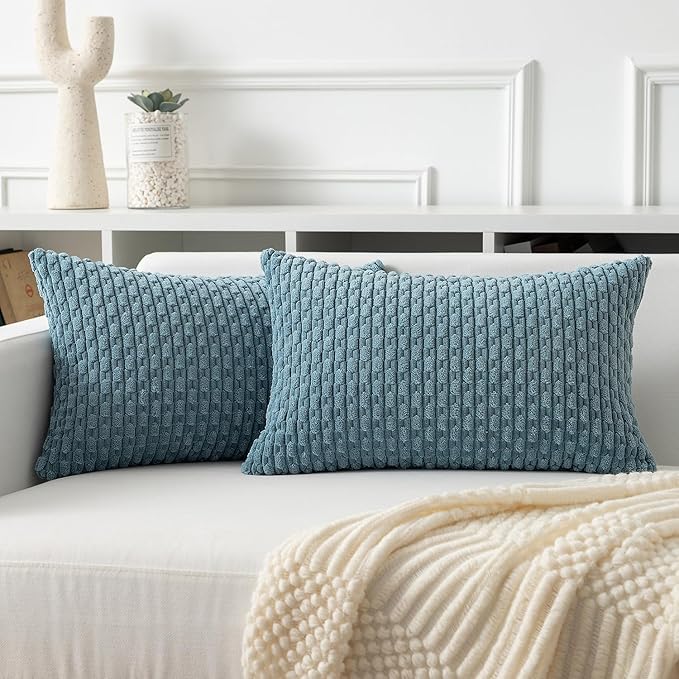 Kevin Textile 12x20 Inch Pillow Cover 1 Pack Boho Decorative Soft Striped Corduroy Lumbar Farmhouse Solid Color Accent Rectangle Cushion Case for Living Room Couch Sofa Bed, Blue Grey