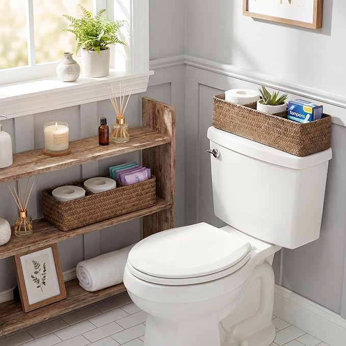StorageWorks Toilet Paper Basket for Back of Toliet， Bathroom Basket with 3 Enlarged Compartments, Seagrass Toilet Paper Storage Baskets, 16½"x 5½"x 5½", Brown, 2-Pack
