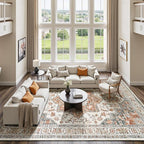 Lessymo 9×12 Area Rugs Washable for Living Room, Large Soft Indoor Rug Non-Slip for Bedroom Kitchen Dining Room Dorm Nursery, Vintage Boho Carpet Stain Resistant for Office Home Decor, Orange/White
