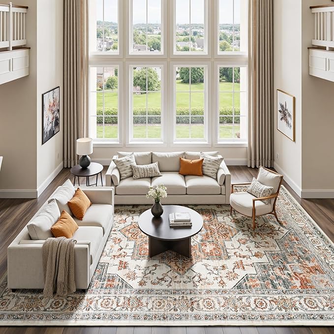 Lessymo 9×12 Area Rugs Washable for Living Room, Large Soft Indoor Rug Non-Slip for Bedroom Kitchen Dining Room Dorm Nursery, Vintage Boho Carpet Stain Resistant for Office Home Decor, Orange/White