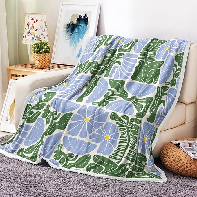 Boho Abstract Colorful Floral Throw Blanket, Vintage Retro Patchwork Blue Green Flower Botanical Geometric Aesthetic Groovy Flannel Throw Blanket for Chair Bed Sofa Couch, 50X60IN