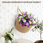 Boho Woven Wall Hanging Baskets - 2 Pack Fabric Storage Organizers with Adhesive Hooks, Rustic Jute Basket Set for Plants & Vegetables, Perfect for Living Room, Porch & Entryway Decor