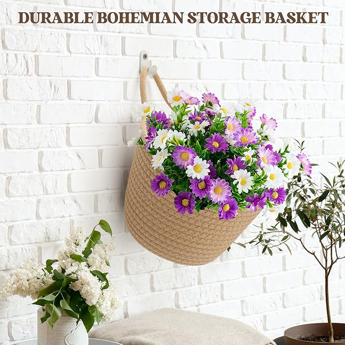 Boho Woven Wall Hanging Baskets - 2 Pack Fabric Storage Organizers with Adhesive Hooks, Rustic Jute Basket Set for Plants & Vegetables, Perfect for Living Room, Porch & Entryway Decor