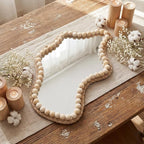 Boho Wall Decor Mirror 14"x9" Irregular Wall Mirror Small Farmhouse Rustic Decorative Wooden Bead Hanging Mirrors for Bedroom Living Room Vanity Entryway Over Sink Modern Home Decor