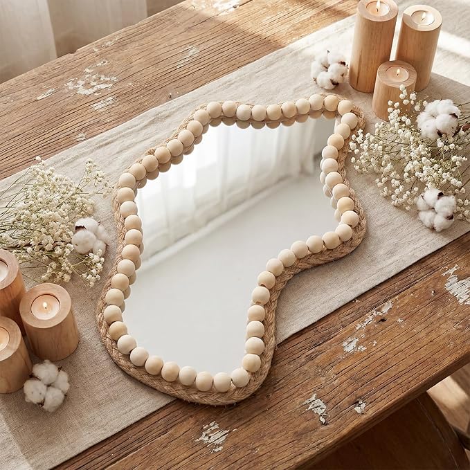 Boho Wall Decor Mirror 14"x9" Irregular Wall Mirror Small Farmhouse Rustic Decorative Wooden Bead Hanging Mirrors for Bedroom Living Room Vanity Entryway Over Sink Modern Home Decor