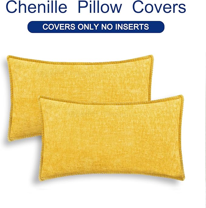 CaliTime Throw Pillow Covers Decorative 12 X 20 Inches Pack of 2 Cotton Thread Stitching Edges Solid Dyed Soft Chenille Cushion Cases for Couch Sofa Bed Living Room Farmhouse Mustard Yellow