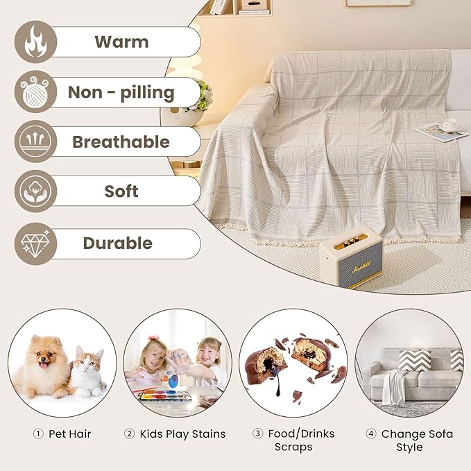 ROOMLIFE Khaki Striped Couch Cover Chenille Sofa Covers for 3 Cushion Couch Large Sectional Couch Covers for Loveseat,Recliner Chair-Multifunction Sofa Slipcovers Couch Cover for Dogs Pets, 71"x134"