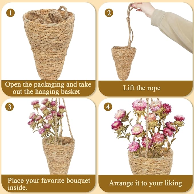 2 Pcs Hanging Basket for Wall Conical Hanging Wicker Basket with Hemp Rope Handmade Wall Planter for Garden Home Flowers Planters Boho Decor Front Door Porch Entryway (Flowers Not Included)