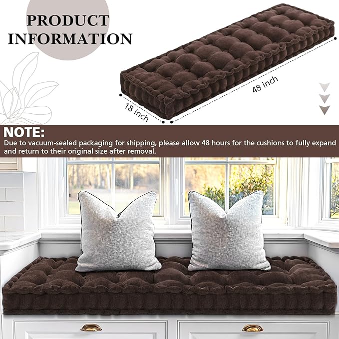 Geelin 48x18 Inch Bench Cushions for Indoor Furniture Chenille Velvet Brown Button Tufted Thicken Seat Pad Mat with Memory Foam, Window Floor Sofa Chair Cushion for Living Room Patio Porch Swing