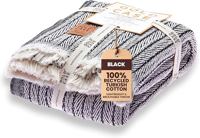 GOLD CASE Throw Blanket for Couch - 100% Recycled Turkish Cotton Blankets & Throws - Vintage Soft Throw Blankets for Living Room - Boho Decorative Woven Couch Blanket - 50x60 - Black