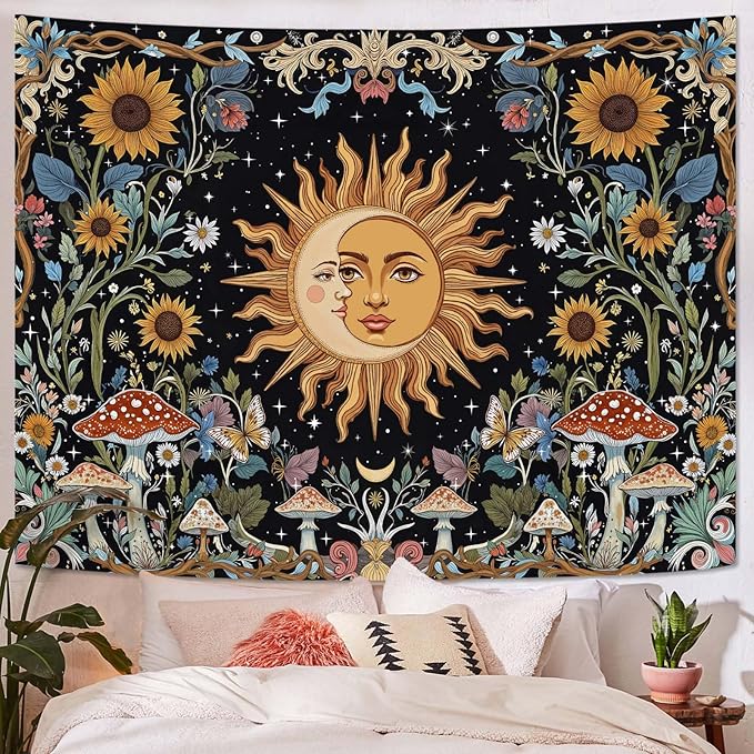 Fungarth Sun and Moon Tapestry Hippie Mushroom Boho Floral Wall Tapestry for Bedroom Aesthetic Vintage Sunflower Celestial Small Tapestries Wall Hanging for Living Room Dorm 60 x 44 Inch