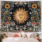 Fungarth Sun and Moon Tapestry Hippie Mushroom Boho Floral Wall Tapestry for Bedroom Aesthetic Vintage Sunflower Celestial Small Tapestries Wall Hanging for Living Room Dorm 48 x 36 Inch