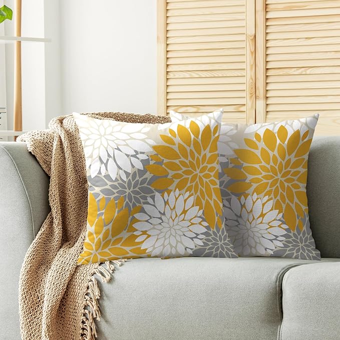 Yellow White Grey Gray Pillow Covers 16X16 Inch Set of 2, Modern Geometry Dahlia Floral Print Decorative Throw Pillow Covers Outdoor Farmhouse Cushion Case for Home Couch Sofa Bed Decoration