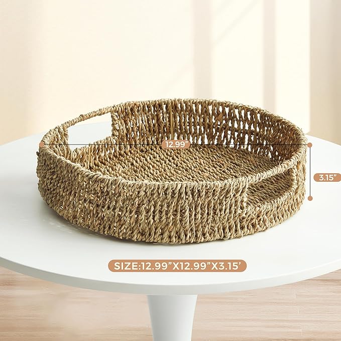 13 inch Round Wicker Tray, Hand-Woven Rattan Serving Trays with Handles for Snack Drinks Coffee Table Tray, Seagrass 1Pack