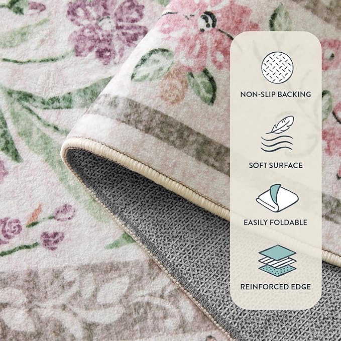Lahome Sylvie Boho Purple Floral 5x7 Area Rugs, Washable Rugs for Bedroom Nursery Decor, Soft Non-Slip Lavender Carpet for Kids Room Girls Playroom Living Room, Pale Lilac/Pink