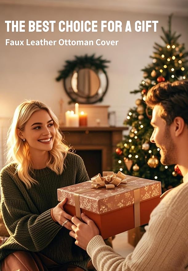 Unstuffed Pouf Ottoman Cover – 17.5in Square Handmade Moroccan Faux PU Leather Ottoman Cover – Tear-Resistant Waterproof Pouf Cover Only, No Filler, for Living Room, Bedroom, Dorm, Office – Brown