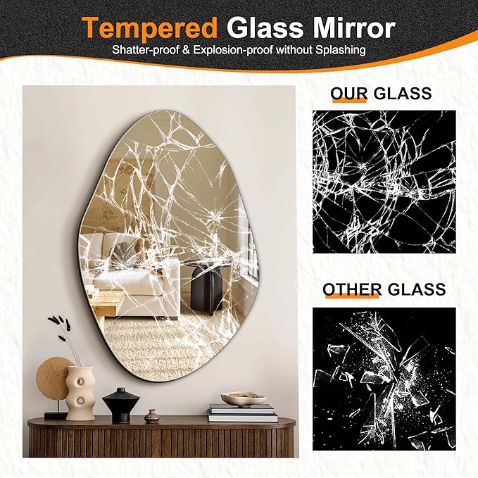 Delma Irregular Wall Mirror, 36"x24" Asymmetrical Wavy Cloud Design, Frameless Decorative Mirror for Bathroom, Bedroom, Living Room & Entryway, Modern Boho Wall-Mounted