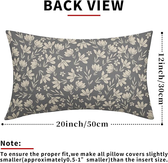 Grey Gray Pillow Covers 12x20 Set of 2 Vintage Floral Rustic Old Style Cute Flower Print Rectangle Decorative Outdoor Pillowcases Seasonal Farmhouse Throw Cushion Case Couch Sofa Bed Decor