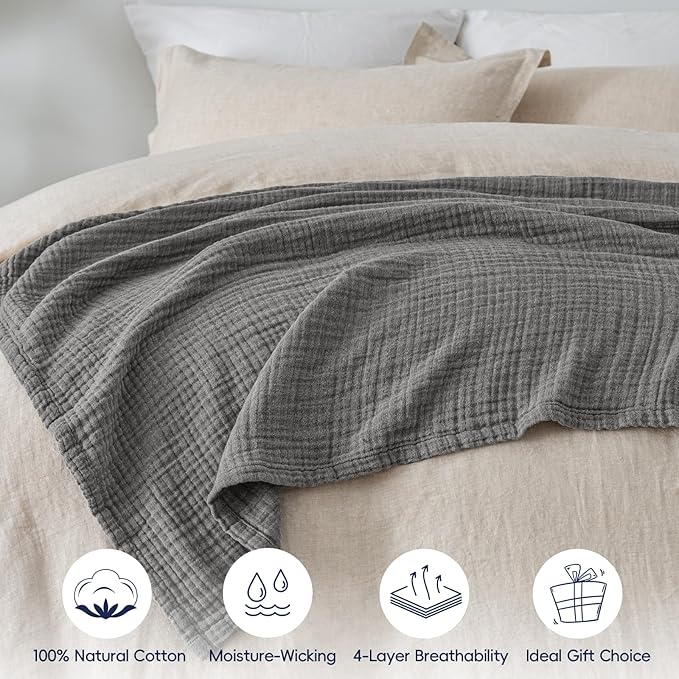 PHF 100% Cotton Muslin Throw XL Blanket Large 50" x 70", 4-Layer Lightweight Gauze Throw, Breathable Cloud-Soft Minimalist Blanket for Bed, Couch, Camping & Baby, Greyish Black, Ideal Gift