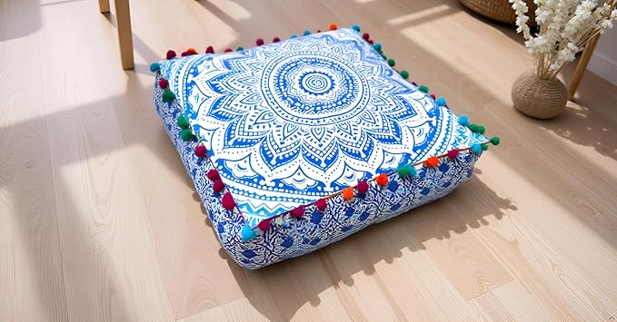 CRAFT KALA 24" Square Large Hippie Mandala Meditation Floor Ottoman Pillow Cushion Pouf Cover Square Poufs Bohemian Circle Floor Cushion Case Outdoor Fireplace Yoga Living Room Decor Cover Blue Ombre