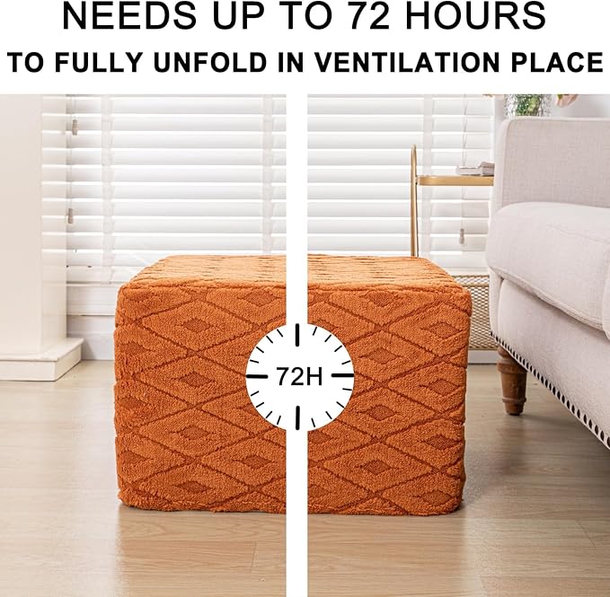 Fluffy Square Ottoman Pouf with All-in-One Foam Filling 20 x 14 Inches Furry Ottoman Foot Rest Foot Stool for Living Room or Bedroom (Orange)