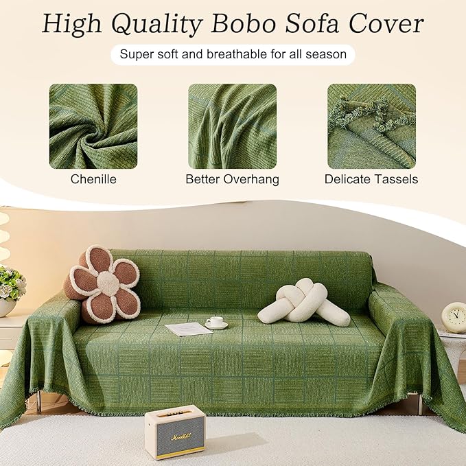 ROOMLIFE Sofa Covers for 3 Cushion Couch Boho Style Green Block Sectional Couch Covers Practical Futon Sofa Slipcover Versatile Couch Cover Blanket for Dogs Cats Couch Protector, 71"x134"