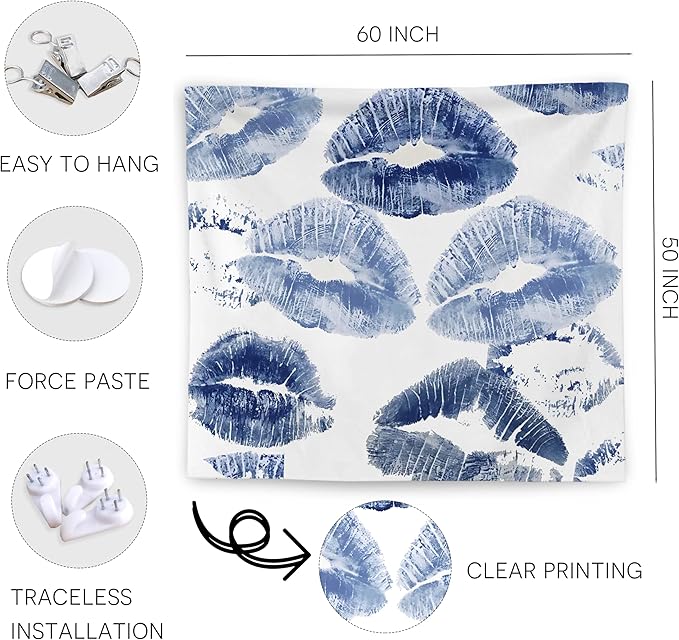 WNAGT Trendy Black and White Kiss Lips Tapestry Wall Hanging, Funky Makeup Wall Decor, Fashion Aesthetic Wall Blanket Decor for Girls Room College Dorm Makeup Room Beauty Room, 50x60 Inch