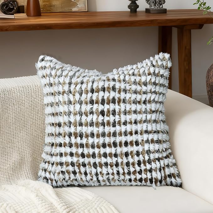 Boho Chenille Tufted Pillow Cover 18x18 Inch Set of 1, Farmhouse Striped Decorative Pillow Covers Accent Fluffy Neutral Square Pillowcases for Couch Sofa Bedroom Living Room, Brown Gray