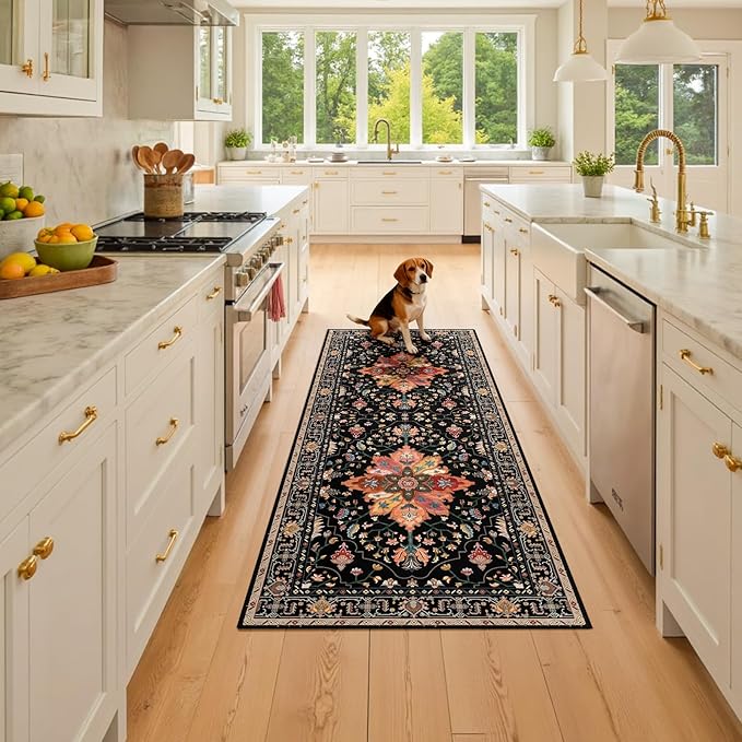 Area Rugs 2'x6' Runner Rug Non Slip Washable for Kitchen Hallway Bedroom Beside Laundry Room Bathroom Rug, Floor Carpet, Black Colorful Floral Dark Tan