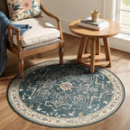 Round Rugs 4ft for Entryway, Low Pile Thin Washable Non Slip Small Circle Rug for Kitchen Dining Room, Tranditional Medallion Round Carpet for Bedroom Living Room, Deep Blue/Multi