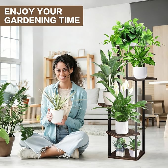 5 Tier Plant Stand Indoor, Thickened Metal Wood Corner Plant Shelf Stands for Multiple Plants, Indoor Tall Plants Stand Tiered Flower Holder for Living Room Patio Garden Balcony(Black+Oak)