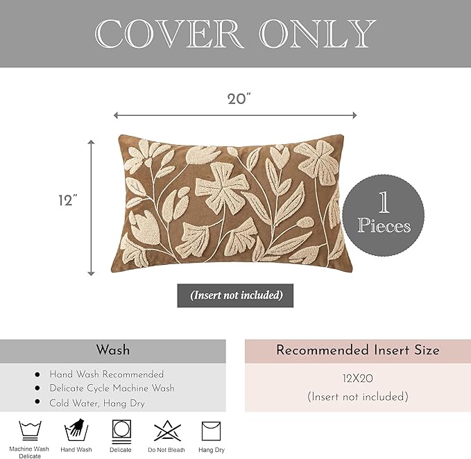 BlissBlush 12x20 Lumbar Pillow Cover, Rectangular Brown Decorative Throw Pillowcase for Couch Sofa, Embroidered Velvet Farmhouse Accent Cushion (Cover Only)