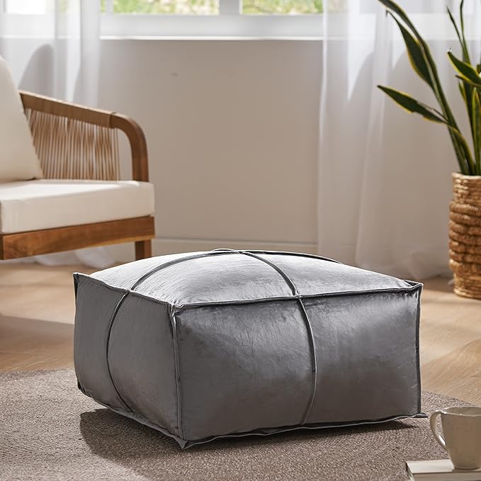 GDFStudio Modern Glam Velvet Square Pouf Ottoman Foot Stool - Bean Bag Floor Chair - Foot Rest Couch for Living Room Bedroom,Smoke,24" x 24" x 12"