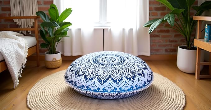 ICC 32" Blue Mandala Floor Pillow Cushion Cover Seating Throw Cover Hippie Decorative Bohemian Ottoman Poufs Cover, Pom Pom Pillow Cases, Boho Indian