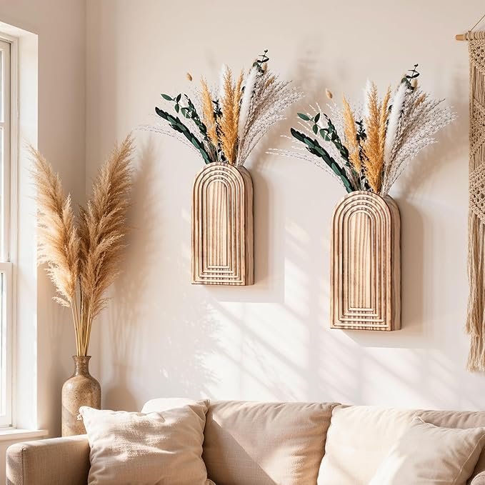 DREAMLOOM 2 Pack Wooden Wall Vases with Dried Pampas Grass and Eucalyptus Plants, Wall Hanging Planters Boho Modern Farmhouse Indoor for Narrow Spaces Entryway Bathroom Home Office Decoration, Black