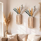 DREAMLOOM 2 Pack Wooden Wall Vases with Dried Pampas Grass and Eucalyptus Plants, Wall Hanging Planters Boho Modern Farmhouse Indoor for Narrow Spaces Entryway Bathroom Home Office Decoration, Brown
