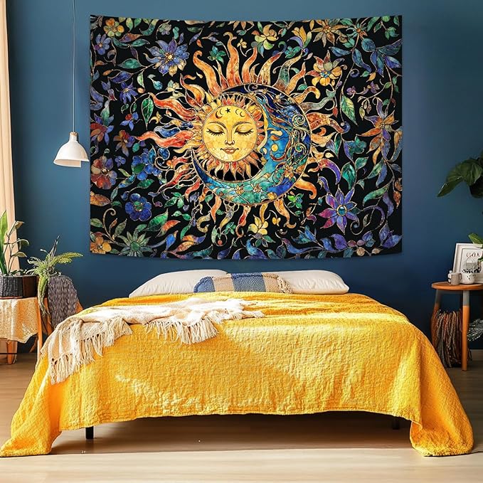 Aipon Sun and Moon Tapestry for Bedroom Boho Hippie Floral Wall Tapestry Aesthetic Vintage Stained Glass Plant Small Tapestries Wall Hanging for Living Room Dorm 48 x 36 Inch