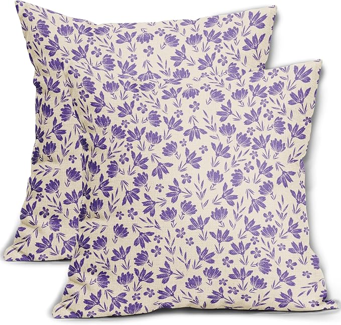Purple Floral Pillow Covers 20x20 Set of 2 Vintage Rustic Old Style Cute Small Flower Purple Cream Print Decorative Outdoor Pillowcases Farmhouse Throw Cushion Case Decor for Couch Sofa Bed