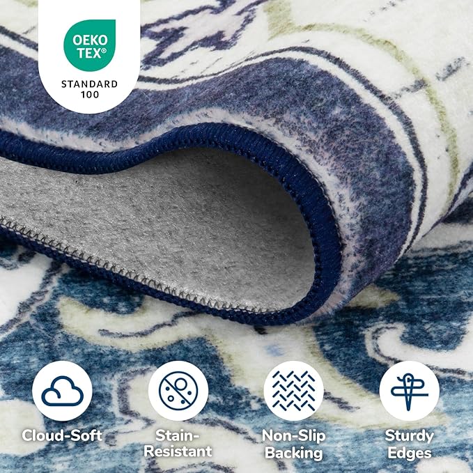 Lessymo 8 x 10 Area Rugs for Living Room, Machine Washable Area Rugs Boho Faux Wool Low Pile Area Rug for Bedroom, Floral Medallion Vintage Rugs with Non-Slip Rubber, Kid & Pet Friendly,Dark Blue
